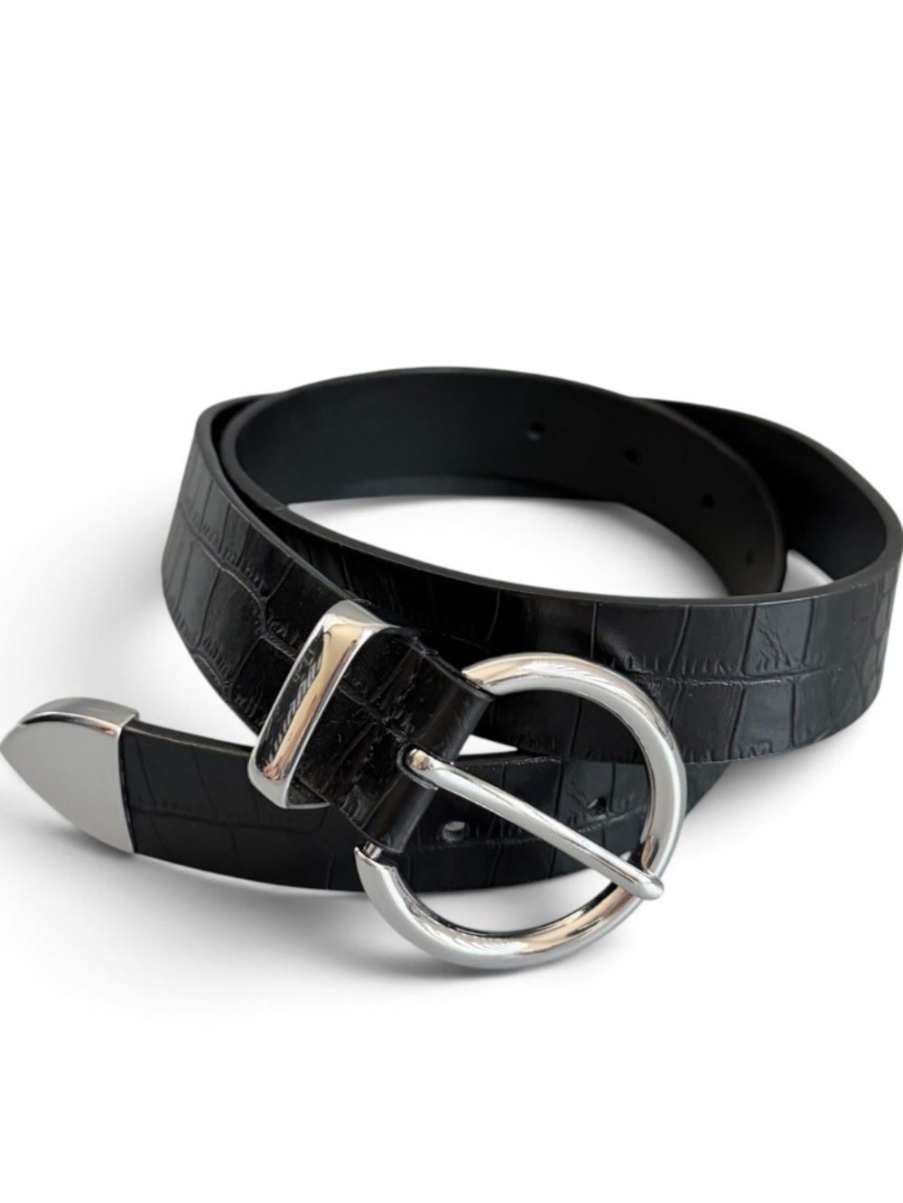 ASOS Black Croc Embossed Belt Size Small Silver Round Buckle Metal Tip Western
